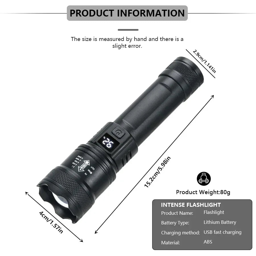 2000 Lumen USB-C Rechargeable Tactical Flashlight – Zoomable Waterproof Torch with Power Bank