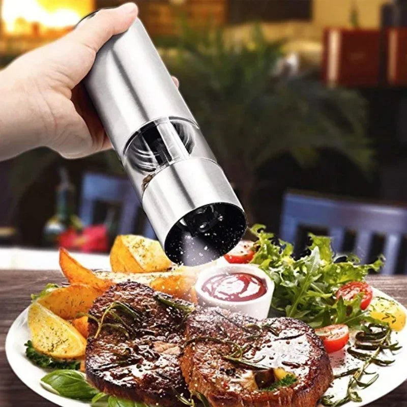 Electric Salt & Pepper Grinder Set – Stainless Steel One-Hand Automatic Mills with LED Light