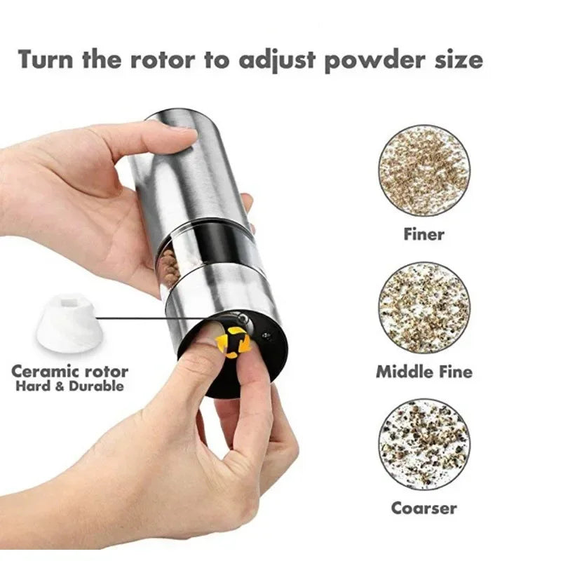 Electric Salt & Pepper Grinder Set – Stainless Steel One-Hand Automatic Mills with LED Light