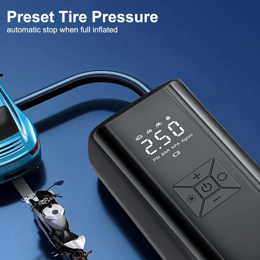 150PSI Wireless LED Digital Tire Inflator – Cordless Air Compressor with Power Bank & SOS Light