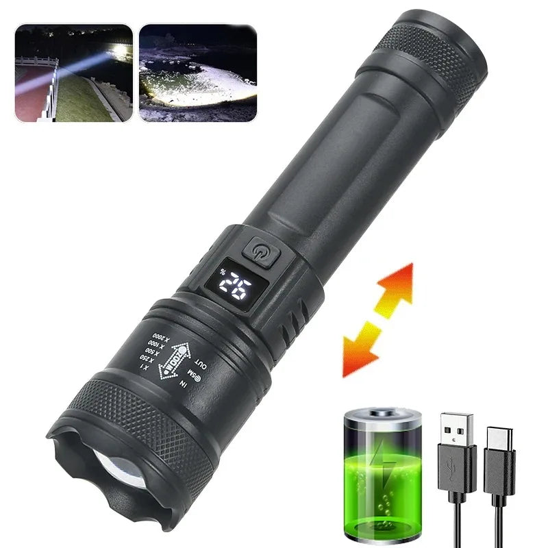 2000 Lumen USB-C Rechargeable Tactical Flashlight – Zoomable Waterproof Torch with Power Bank